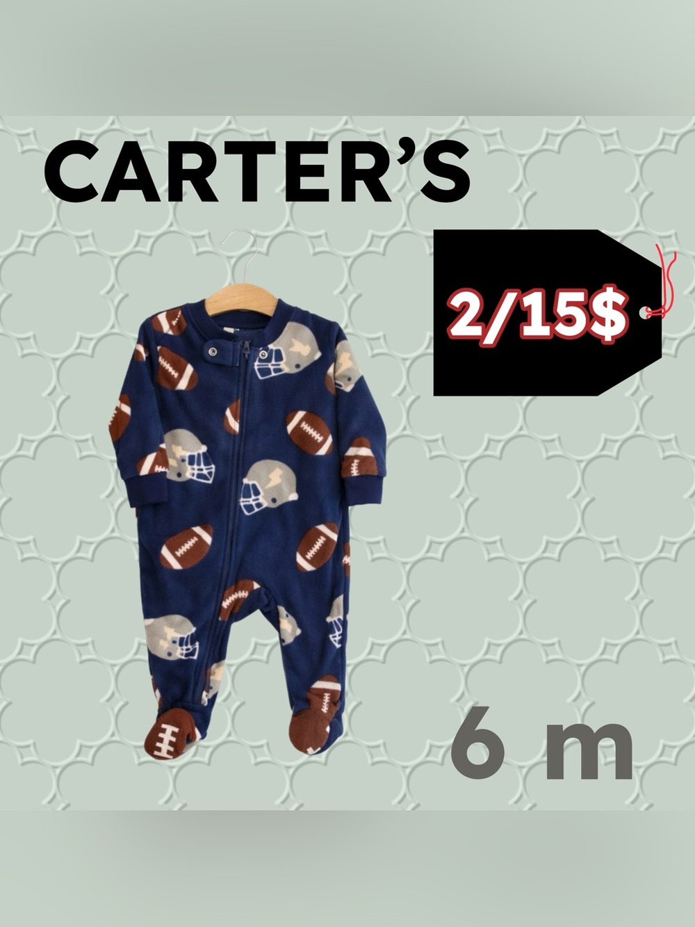 ❄️2/15$🇺🇸👍GUC CARTER’s | 6m | Unisex Navy Football print warm baby pyjama